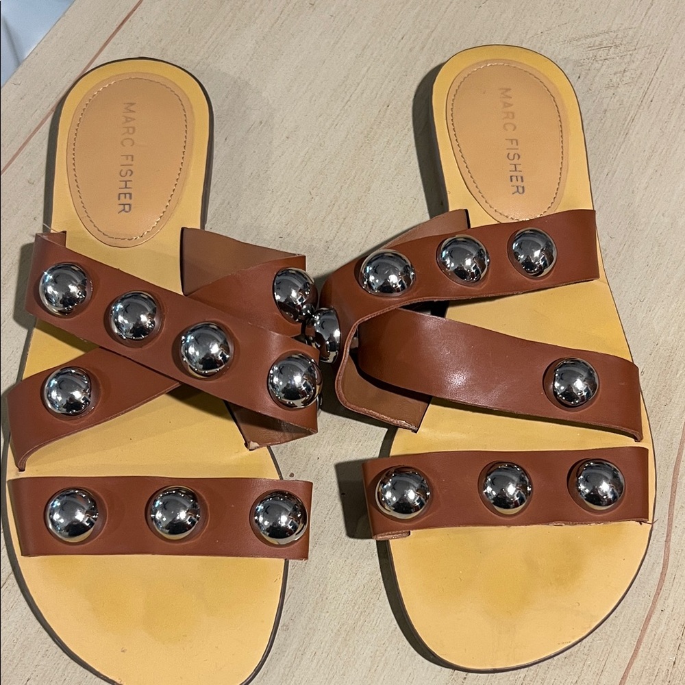 Marc Fisher Brown Leather Studded Slide Sandals